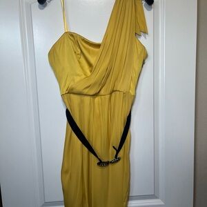 BCBGMaxAzria One-Shoulder Yellow Dress with Black Belt